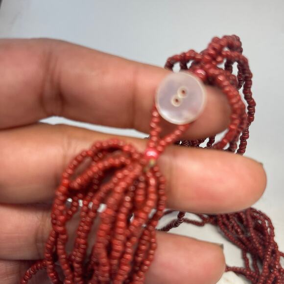 Vintage Multi Strand Seed Bead Rust Red Stone Pendant Necklace B#8 - Picture 7 of 11